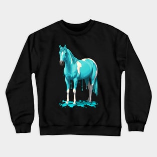 Bright Cyan Blue Pinto Dripping Wet Paint Horse Crewneck Sweatshirt